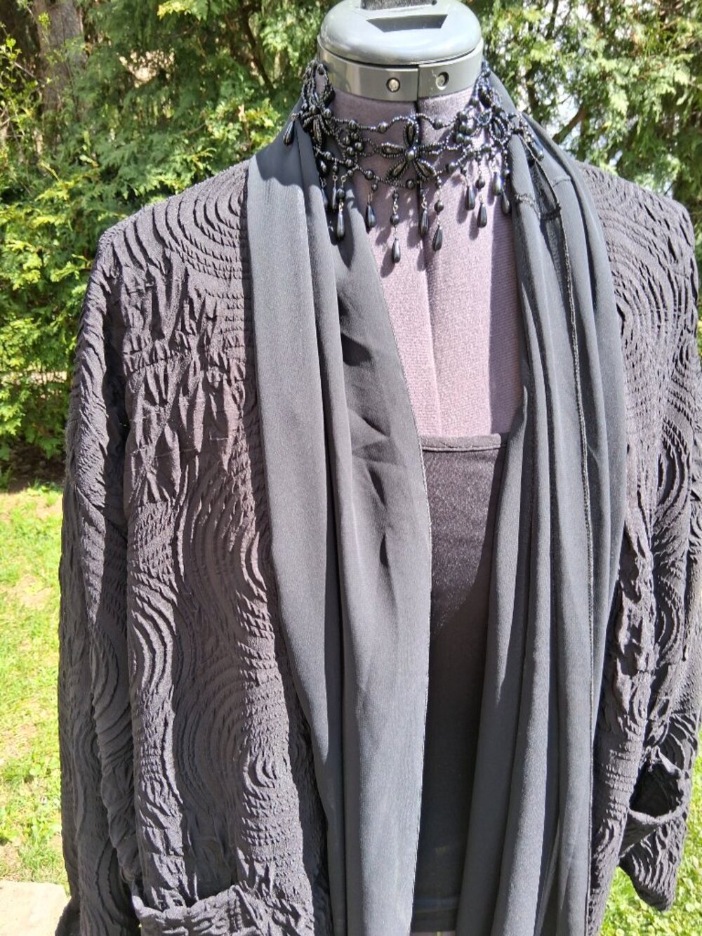 Black Textured Open-front Jacket chiffon trim with draped design Gorgeous XL + - Picture 5 of 14